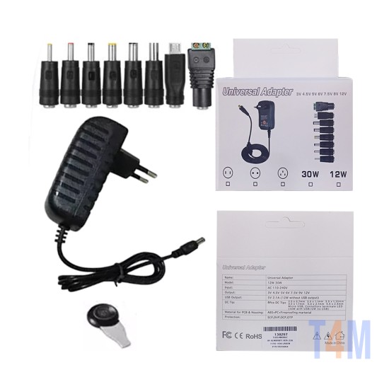 Universal Adapter 12W to 30W AC/3V to 12V DC with 8 adaptor tips and MicroUSB Plug LED 2000mA (Max.) Black